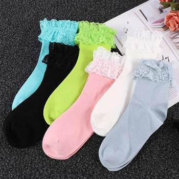 Короткие хлопчатобумажные носки Kawaii в японском стиле Харадзюку, Черно-белые кружевные носки в стиле Лолиты для женщин и девочек, дышащие носки принцессы со сладкими оборками 2