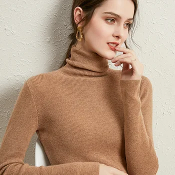 Осень-зима, новый женский вязаный свитер с высоким воротником-поло, шерстяной свитер с наборным воротником, приталенный крой с утолщенным пуловером