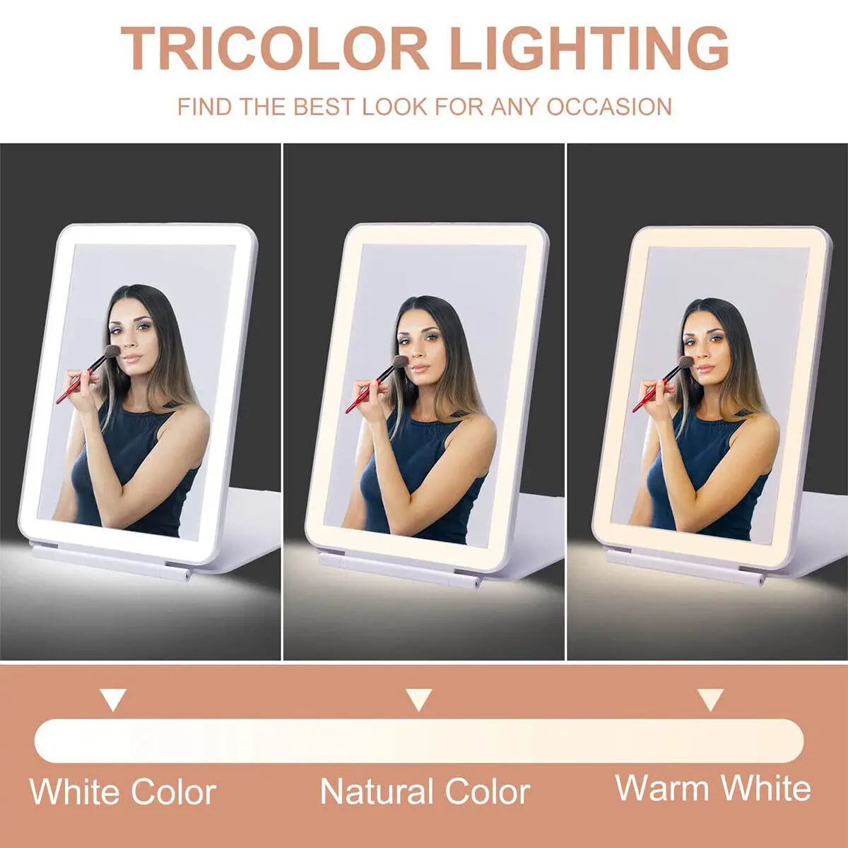 Зеркало для макияжа со светодиодной подсветкой, складное дорожное зеркало с легким сенсорным экраном, зеркало для макияжа, 3 режима цветовой подсветки, USB Перезаряжаемый косметический инструмент Изображение 3