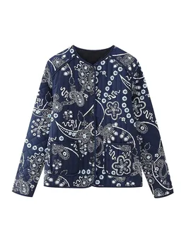 TRAF 2023 Женская хлопковая куртка с принтом, модные хлопковые пальто в стиле пэчворк для женщин, стеганые кардиганы с длинным рукавом, пальто-Кардиган 2