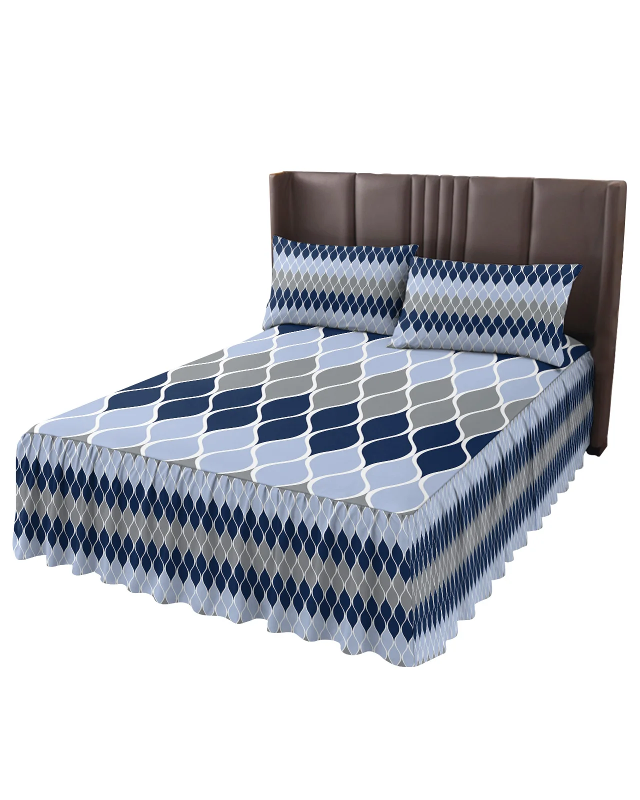 Геометрическая сине-серая средневековая юбка для кровати, Эластичное облегающее покрывало с наволочками, Наматрасник, Комплект постельных принадлежностей, простыня Изображение 1