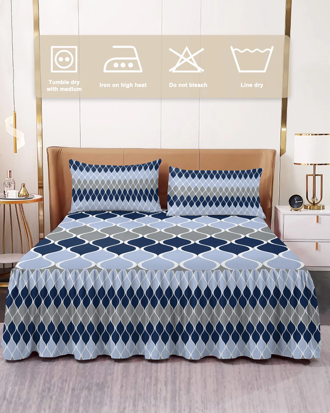 Геометрическая сине-серая средневековая юбка для кровати, Эластичное облегающее покрывало с наволочками, Наматрасник, Комплект постельных принадлежностей, простыня Изображение 2
