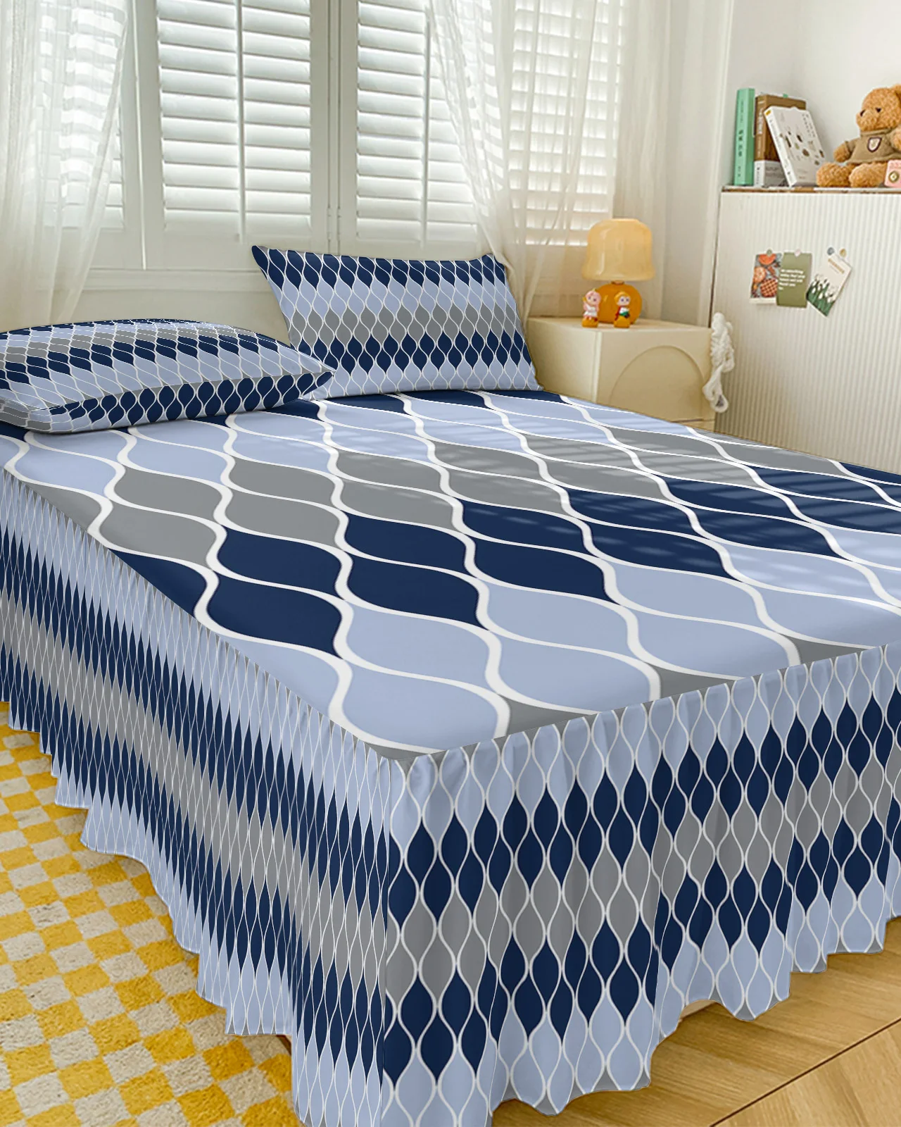 Геометрическая сине-серая средневековая юбка для кровати, Эластичное облегающее покрывало с наволочками, Наматрасник, Комплект постельных принадлежностей, простыня Изображение 3