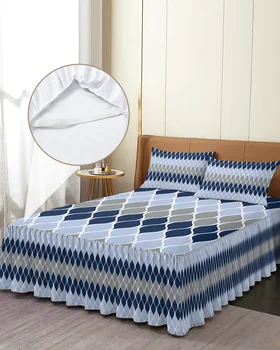 Геометрическая сине-серая средневековая юбка для кровати, Эластичное облегающее покрывало с наволочками, Наматрасник, Комплект постельных принадлежностей, простыня