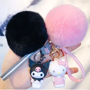 Брелок Kawaii Hello Kitty Kuromi Cinnamoroll Sanrio с шариком из пушистого кроличьего меха, Женская сумка для девочек, брелок для ключей, Подарки 1