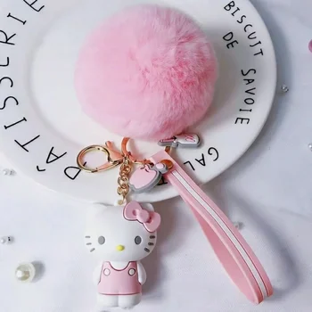 Брелок Kawaii Hello Kitty Kuromi Cinnamoroll Sanrio с шариком из пушистого кроличьего меха, Женская сумка для девочек, брелок для ключей, Подарки 2