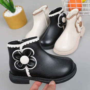 2023 г., короткие ботинки для девочек, модные детские универсальные Мягкие черные ботинки с боковой молнией, Весна-осень, новые детские кожаные ботинки