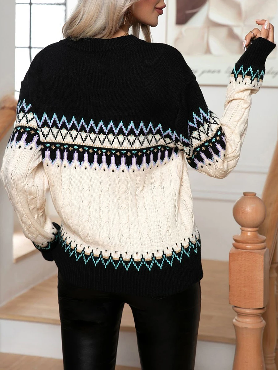 Женский свитер свободной вязки, Жаккардовые пуловеры в волнистую полоску, пуловеры с длинным рукавом, осенне-зимние джемперы с круглым вырезом, уличная одежда Изображение 4