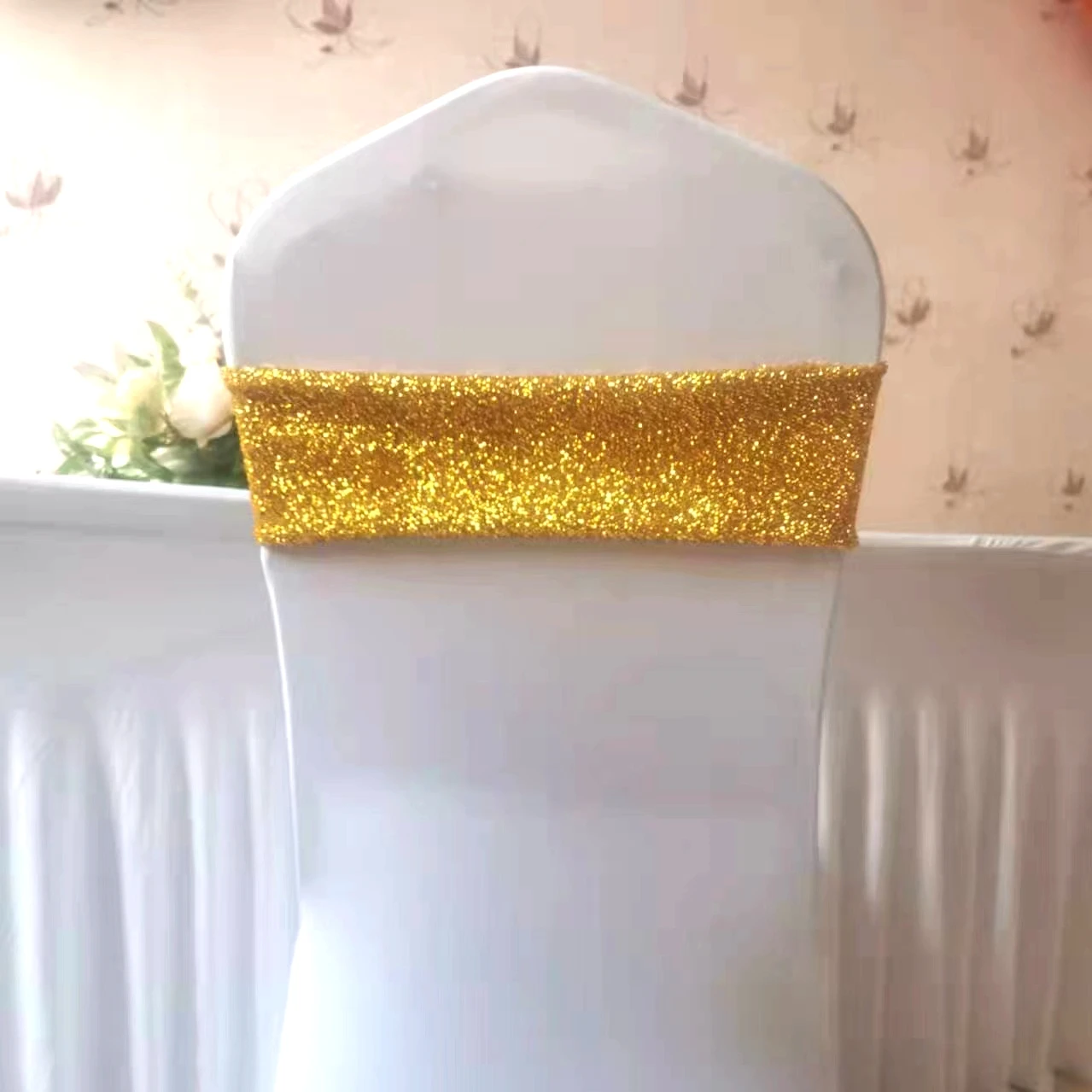 Золотая и Серебряная лента для стульев из лайкры с блестками, эластичный пояс-бант для банкета, свадебной обложки, украшения мероприятий и вечеринок Изображение 1