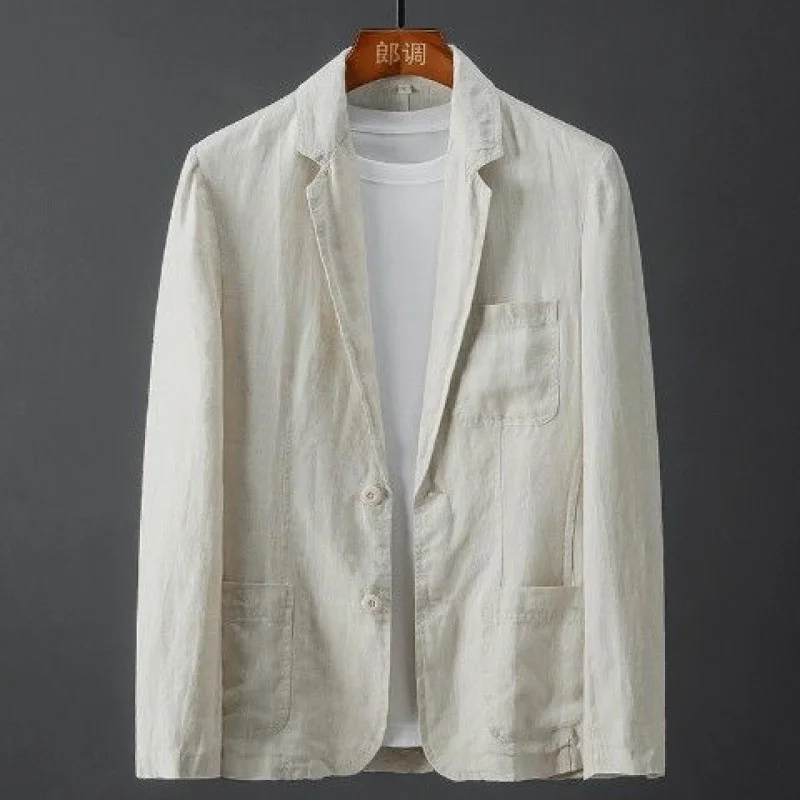 Белый хлопчатобумажный льняной костюм, пальто, мужской Весенне-летний Однотонный Тонкий Повседневный деловой тонкий мужской пиджак-блейзер, удобный Дышащий Изображение 1