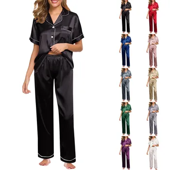 Шелковая атласная пижама для женщин, пижамный комплект, пижамный комплект с длинным рукавом, женский пижамный костюм, женский комплект из двух предметов, одежда для отдыха, большие размеры 1