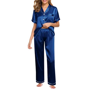 Шелковая атласная пижама для женщин, пижамный комплект, пижамный комплект с длинным рукавом, женский пижамный костюм, женский комплект из двух предметов, одежда для отдыха, большие размеры 2