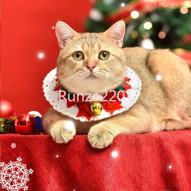 Рождественский шарф для домашних животных, ошейник-колокольчик для кошки, милое тканое полотенце из слюны куклы, украшения для шарфа для собак Изображение 2
