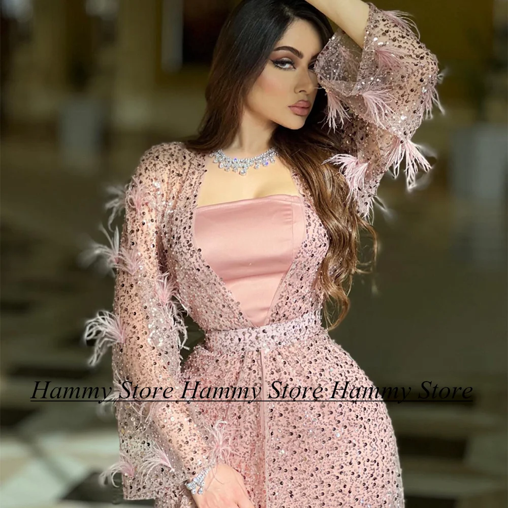 Розовые Саудовско-Арабские вечерние платья С длинными рукавами, расшитые бисером, блестками, выпускное платье Длиной до щиколоток, перья, Арабские вечерние платья Изображение 1