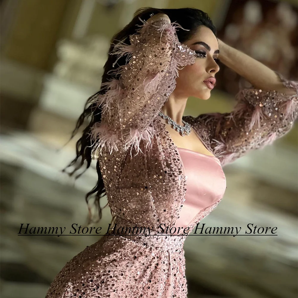 Розовые Саудовско-Арабские вечерние платья С длинными рукавами, расшитые бисером, блестками, выпускное платье Длиной до щиколоток, перья, Арабские вечерние платья Изображение 2