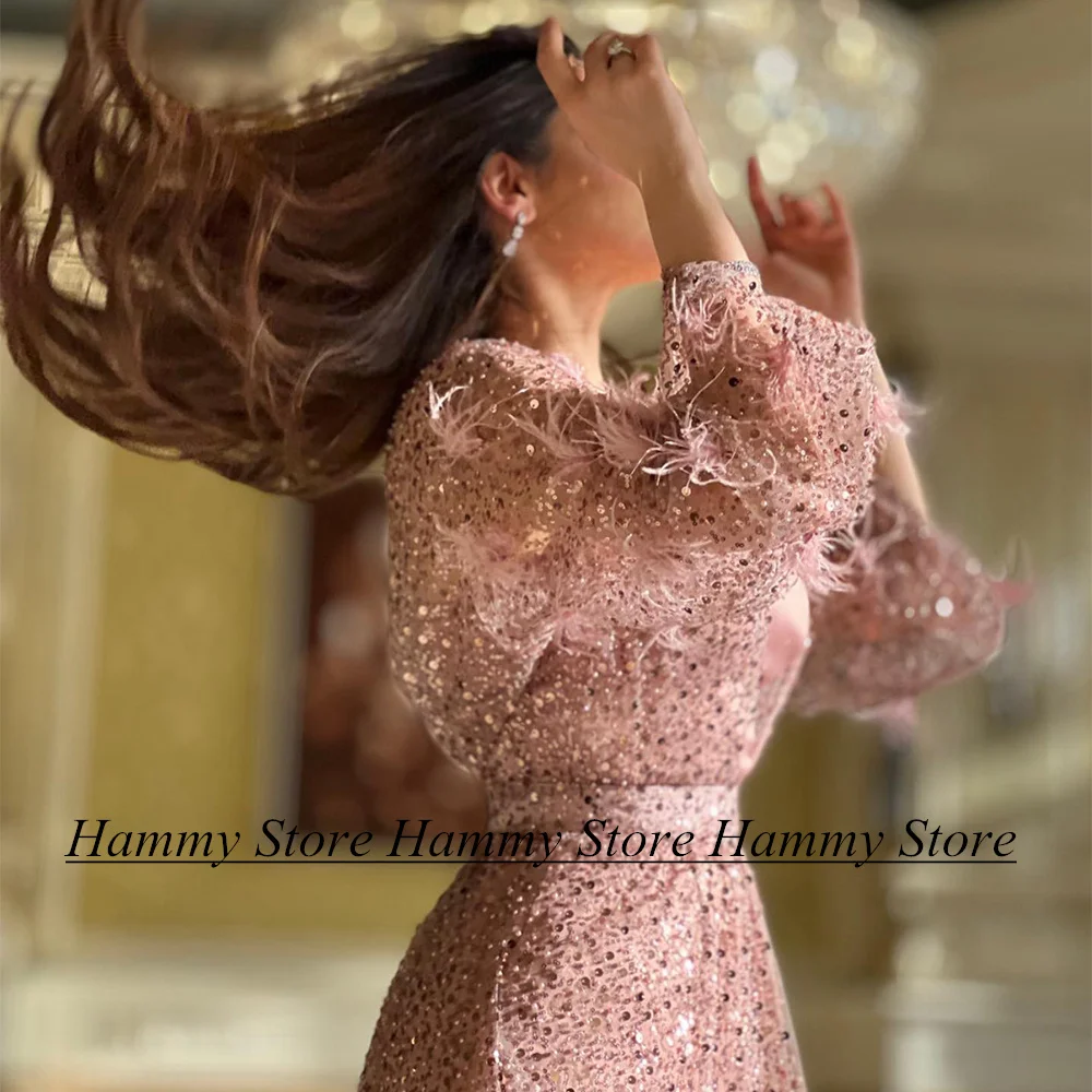 Розовые Саудовско-Арабские вечерние платья С длинными рукавами, расшитые бисером, блестками, выпускное платье Длиной до щиколоток, перья, Арабские вечерние платья Изображение 3