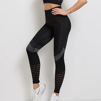 Бесшовные Леггинсы для йоги, женские спортивные брюки с высокой талией, пуш-ап, Дышащие Полые колготки в полоску, Леггинсы для фитнеса, штаны для йоги 1