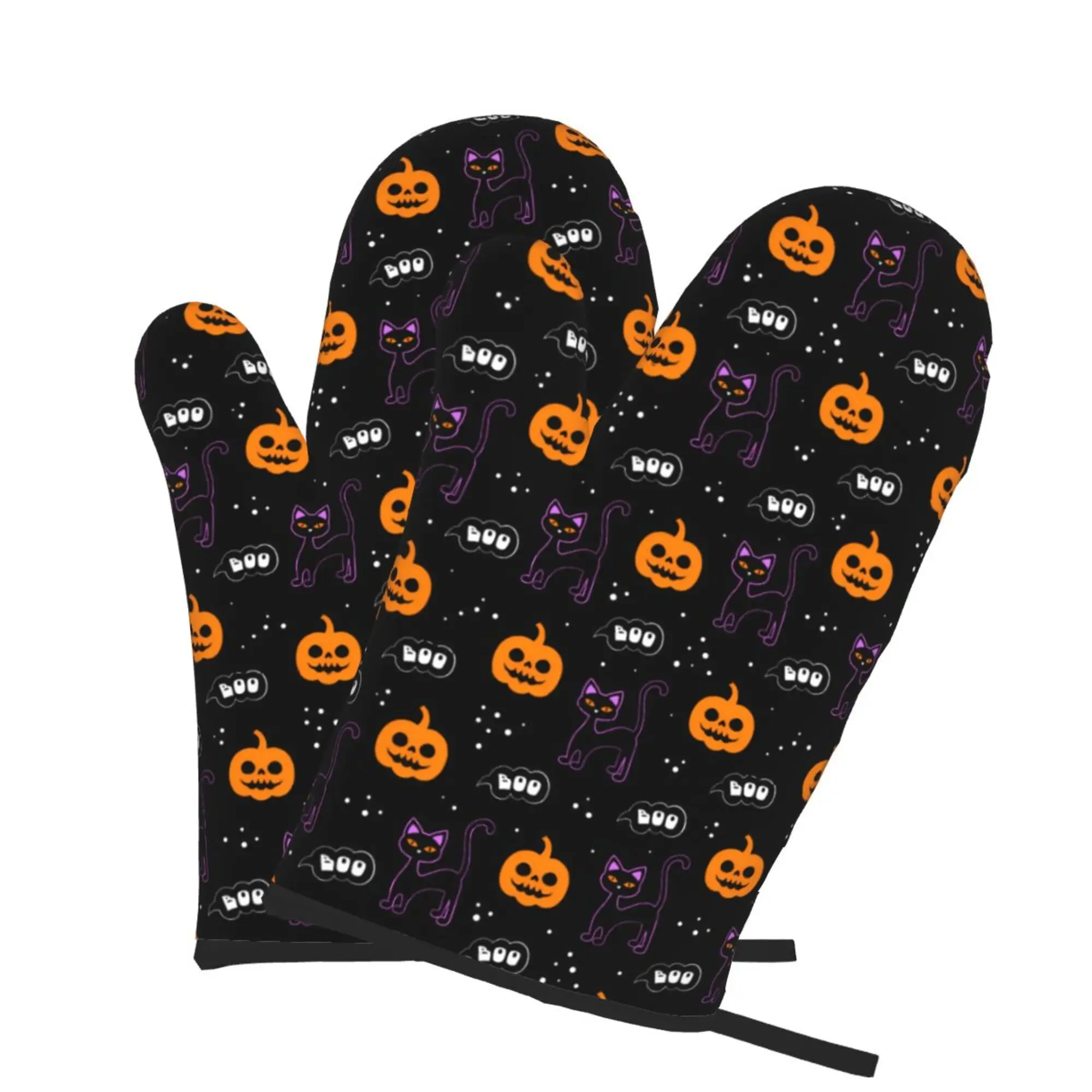 Прихватки с тыквой Black Cat Boo на Хэллоуин, 2шт Перчатки для микроволновой печи, Перчатки для приготовления барбекю, Термостойкие кухонные перчатки одного размера Изображение 1