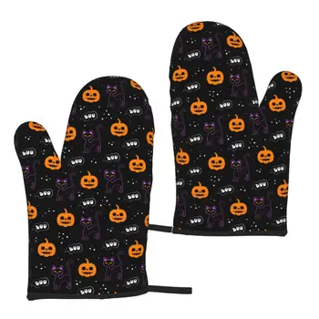 Прихватки с тыквой Black Cat Boo на Хэллоуин, 2шт Перчатки для микроволновой печи, Перчатки для приготовления барбекю, Термостойкие кухонные перчатки одного размера 1