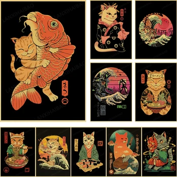 Цифровая картина маслом с изображением японского кота-самурая, украшение для дома, ручная роспись на холсте