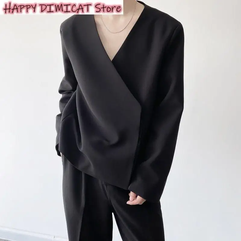 Мужской короткий костюм без воротника, осенняя индивидуальность, новый простой тренд, черная одежда с асимметричной грудью Оверсайз Изображение 4