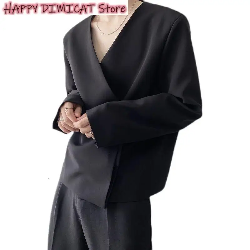 Мужской короткий костюм без воротника, осенняя индивидуальность, новый простой тренд, черная одежда с асимметричной грудью Оверсайз Изображение 5