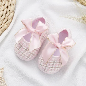 Обувь для первых Ходунков для детей, Обувь для Балерин для вечеринок для девочек, Повседневная обувь для прогулок с шифоновым бантом и эластичной лентой для новорожденных 2