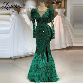 Вечерние платья с перьями и зеленым бисером, иллюзорный вырез, Пышные рукава 2020, Вечерние платья с русалочкой и разрезом по бокам, Арабское платье для выпускного вечера