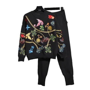 Осенняя мода, вязаная одежда из двух предметов с черной вышивкой, женский Свободный повседневный спортивный костюм, пуловеры, свитера, брюки-карандаш, комплект женских брюк 1