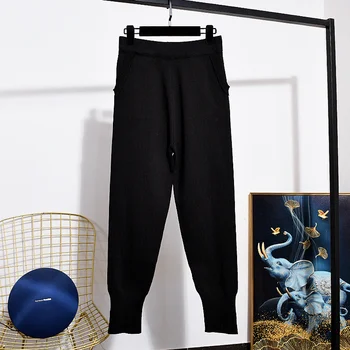 Осенняя мода, вязаная одежда из двух предметов с черной вышивкой, женский Свободный повседневный спортивный костюм, пуловеры, свитера, брюки-карандаш, комплект женских брюк 2