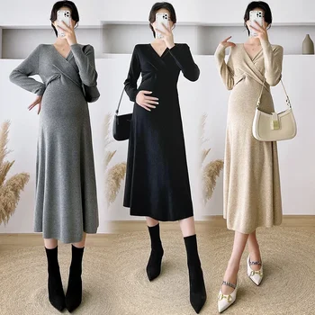 8307 # Осень-зима, Корейское модное Вязаное длинное платье для беременных с V-образным вырезом, Приталенная одежда для беременных 1
