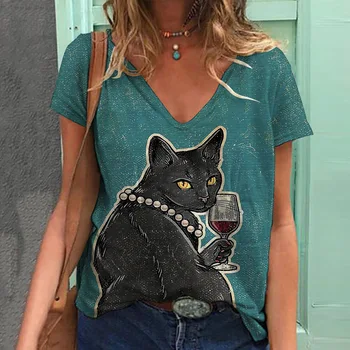 Модная женская футболка С рисунком Кота, Короткий рукав, футболка с 3D принтом Животных, Негабаритный V-образный вырез, Летняя Y2k Harajuku, Женская одежда 1